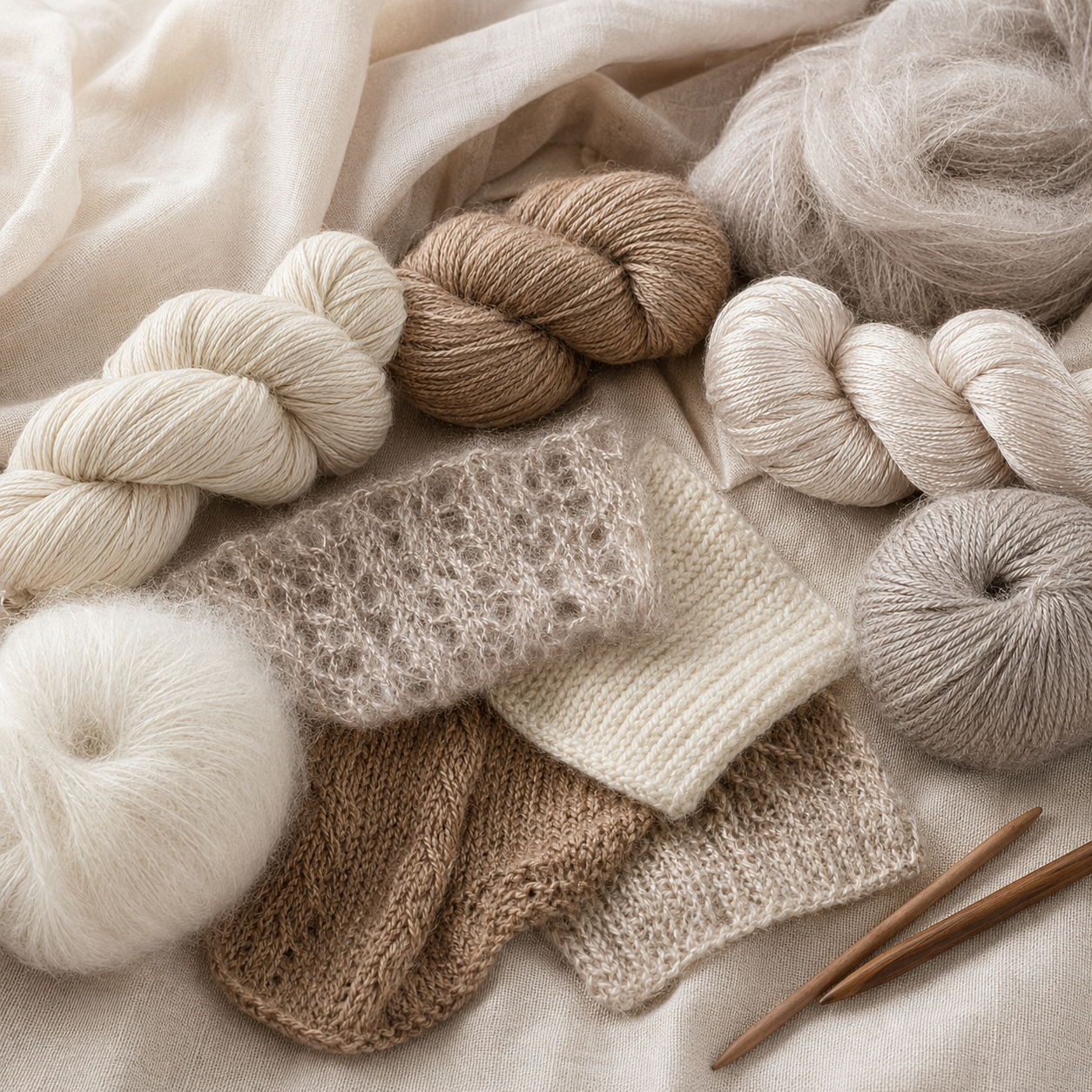 Edle Luxusfasern als feine Garne und weiche Strickproben in hellen Naturtönen