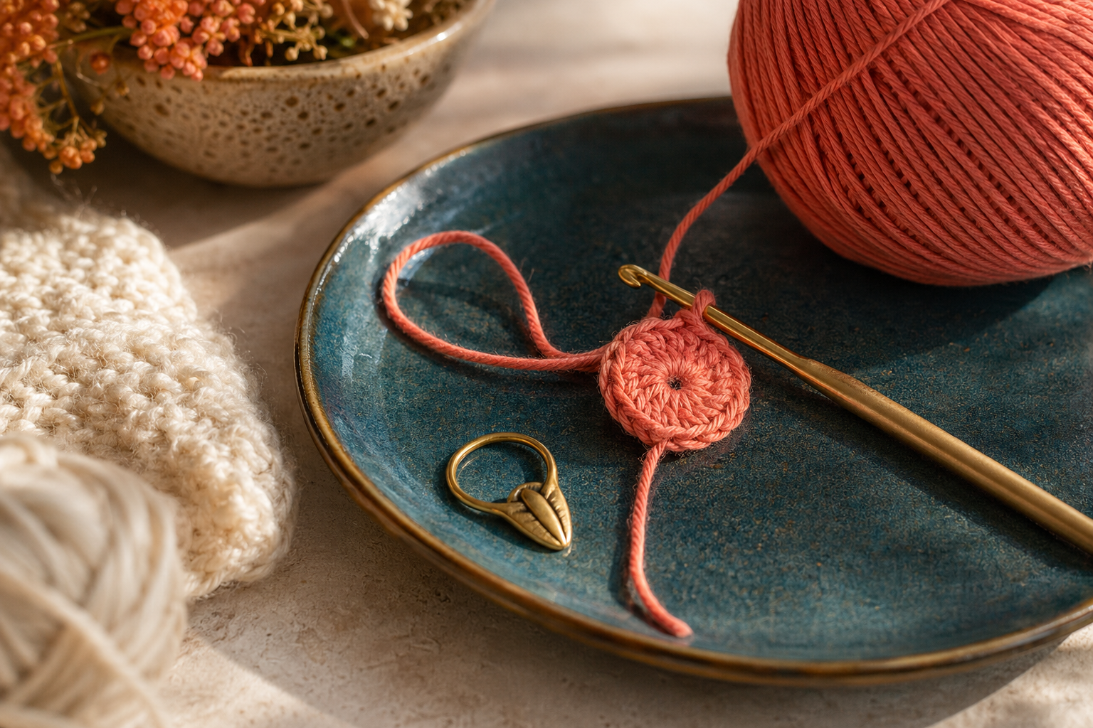 Anfang eines Magic Rings mit korallfarbenem Garn und Häkelnadel