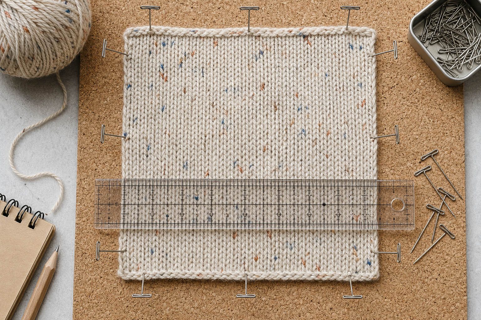 Gestrickte Maschenprobe auf Korkmatte mit Lineal und Stecknadeln