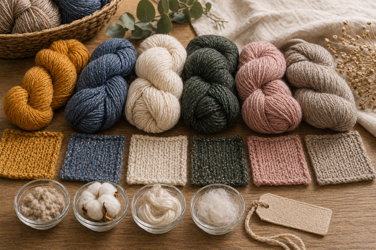 Mischgarne mit verschiedenen Fasern und Strickproben