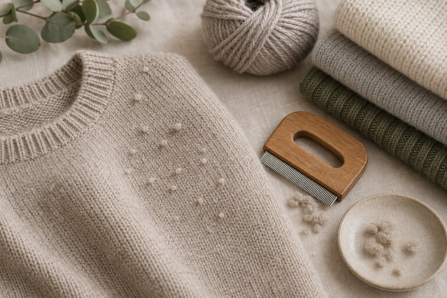 Gestrickter Wollpullover mit kleinen Knötchen und Wollkamm zur Pflege gegen Pilling