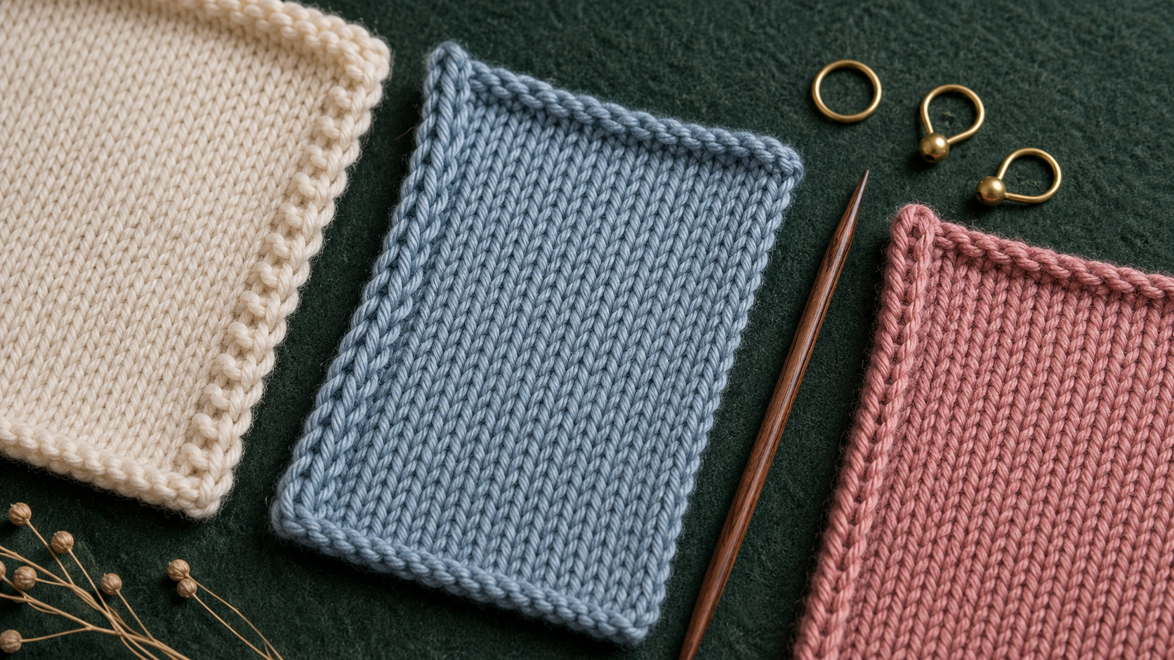 Drei gestrickte Randmaschen-Proben mit sauberen Kanten auf grünem Filz