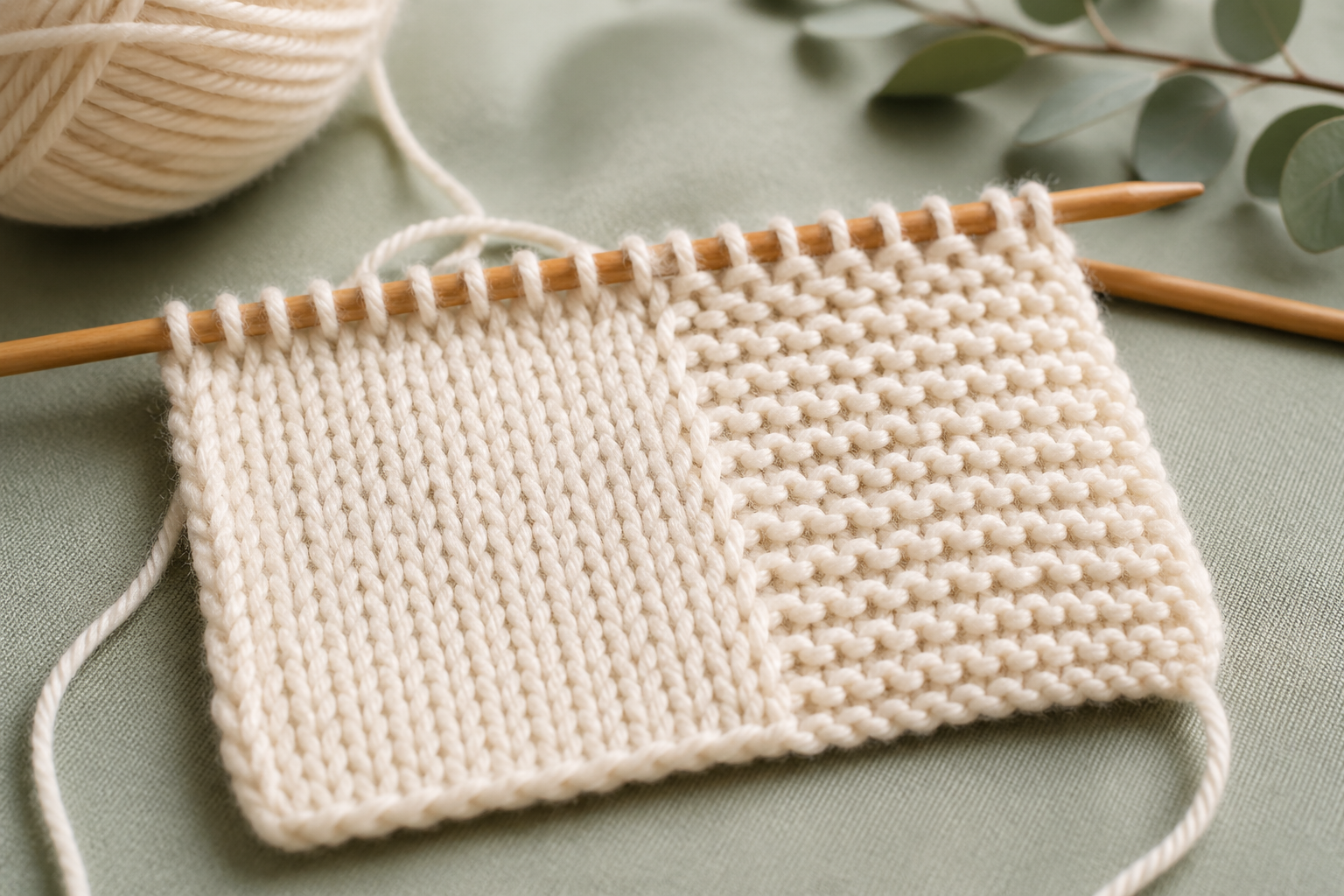 Gestrickte Maschenprobe mit rechten und linken Maschen