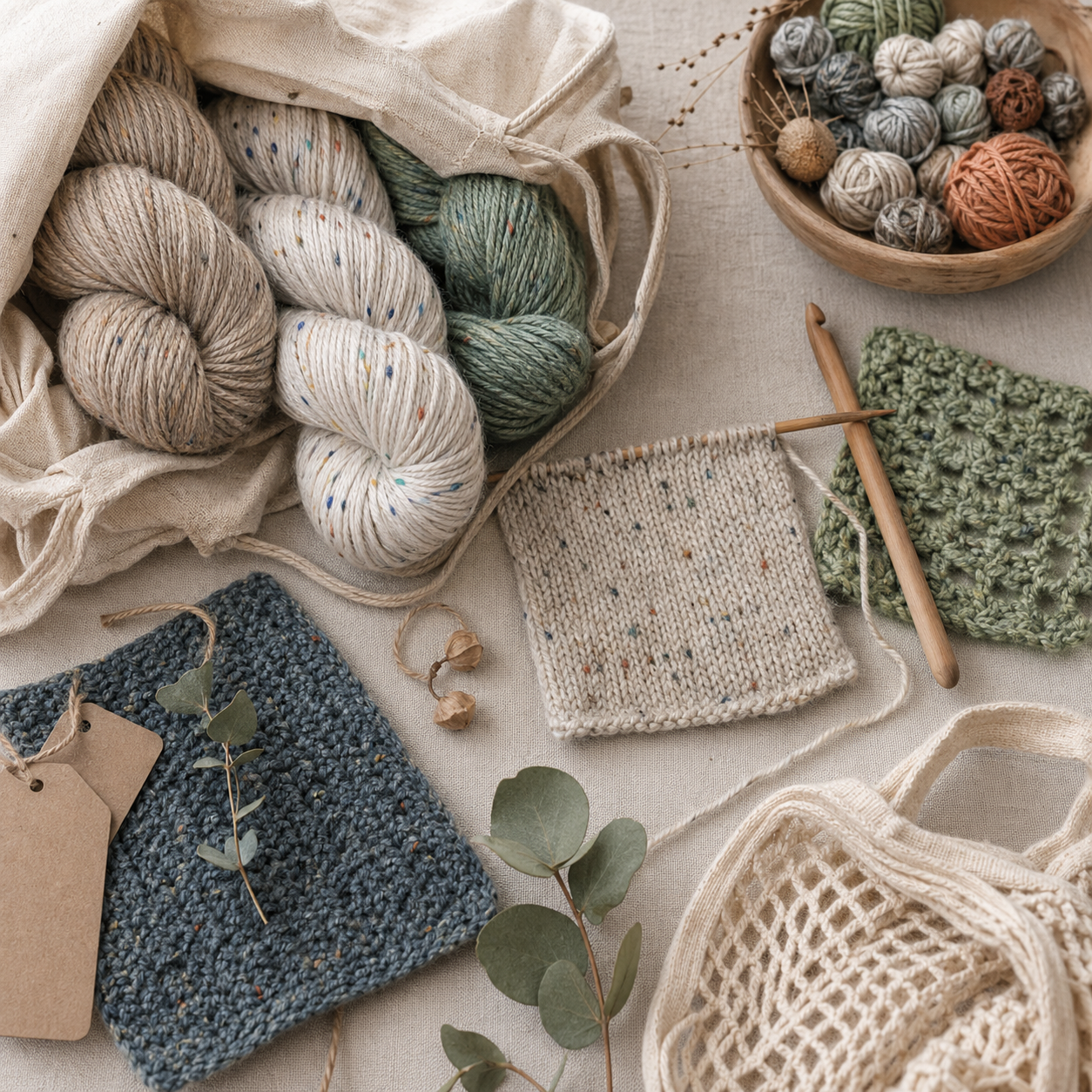Recycelte Mischgarne mit Garnflecken Maschenproben und natürlichen Materialien