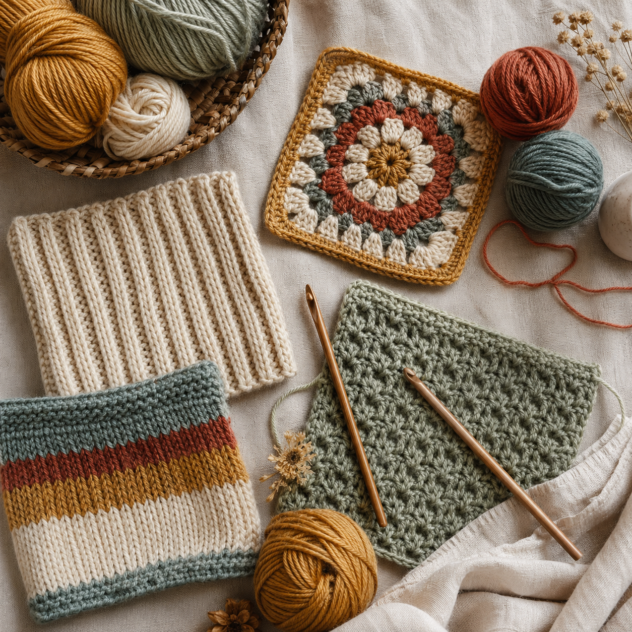 Retro-inspirierte Strick- und Häkelproben mit Granny Square Streifen und Garnen in warmen Farben