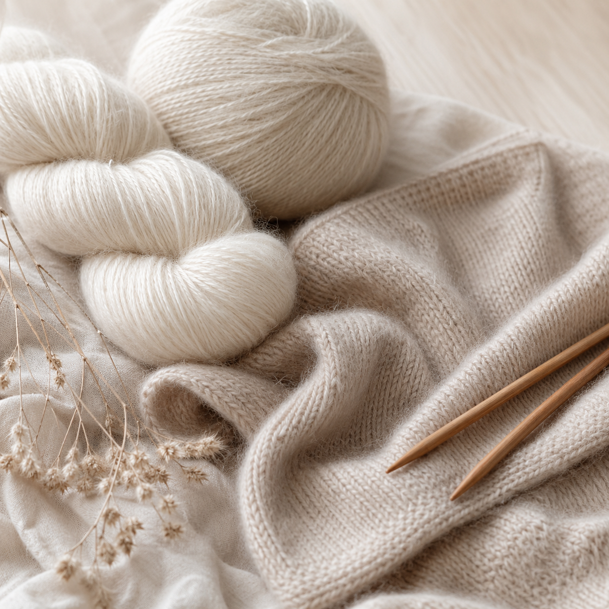 Feine Royal-Alpaka-Garne und weiche Strickprobe in hellen Naturtönen