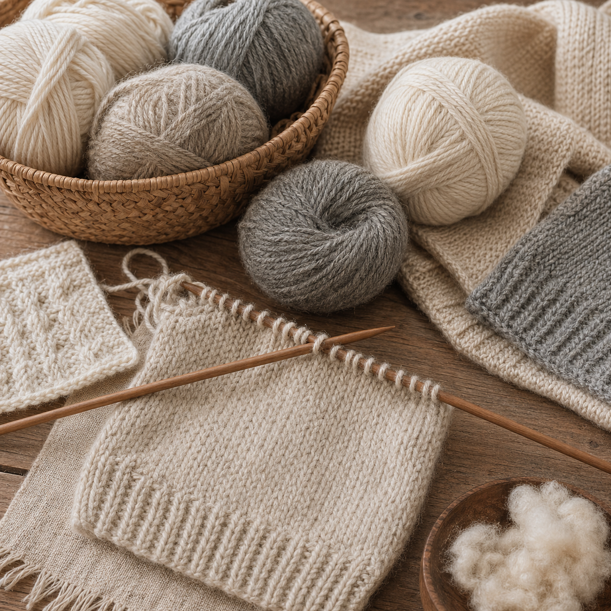 Klassische Schurwolle mit natürlichen Garnknäueln und gestrickter Maschenprobe