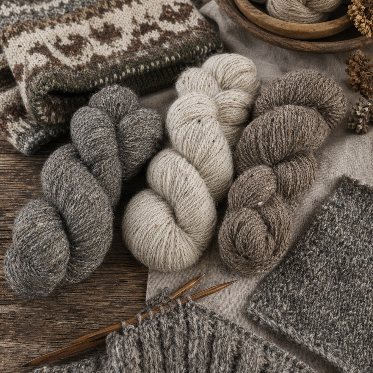 Rustikale Shetlandwolle mit Tweedgarnen und robuster Strickprobe auf Holz und Leinen