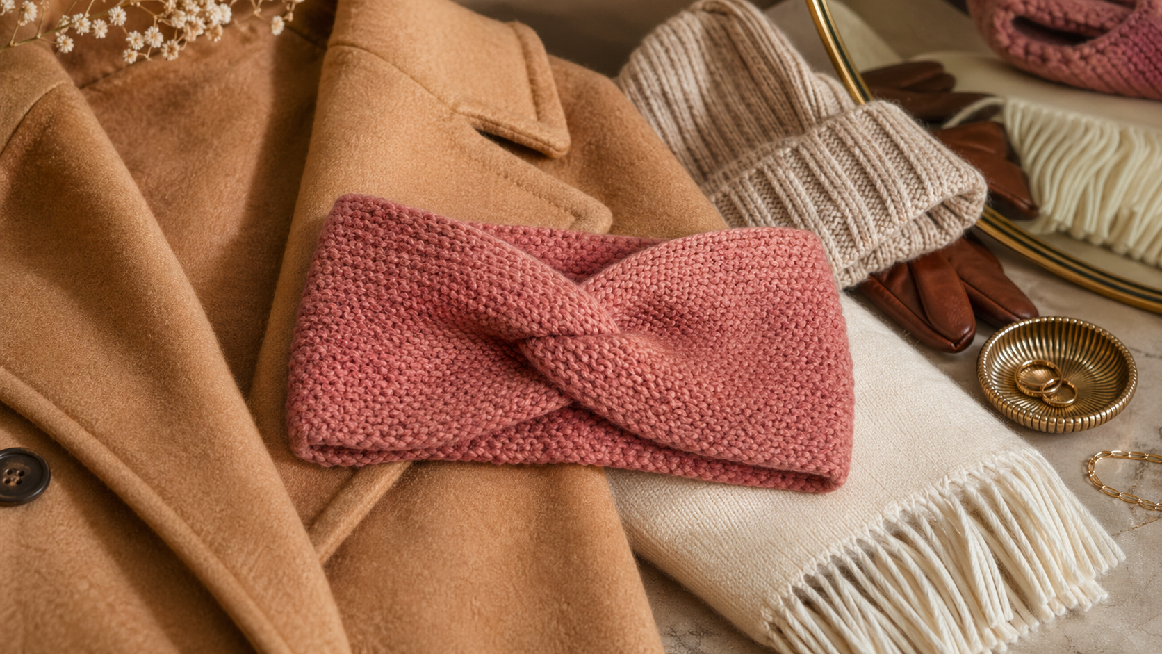 Rosafarbenes gestricktes Stirnband mit Twist auf Mantel und Schal