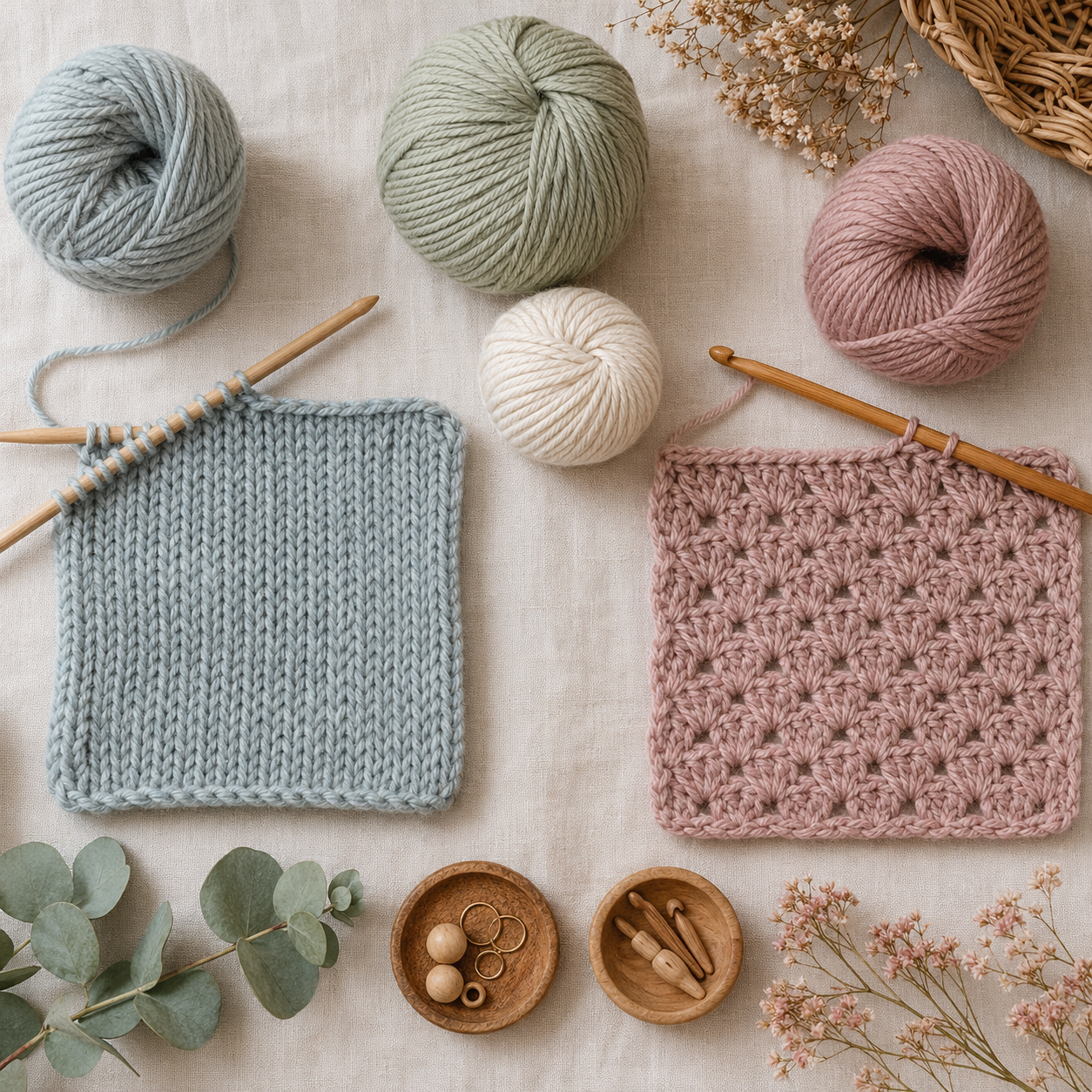 Gestrickte Maschenprobe mit Stricknadeln und gehäkelte Maschenprobe mit Häkelnadel im Vergleich