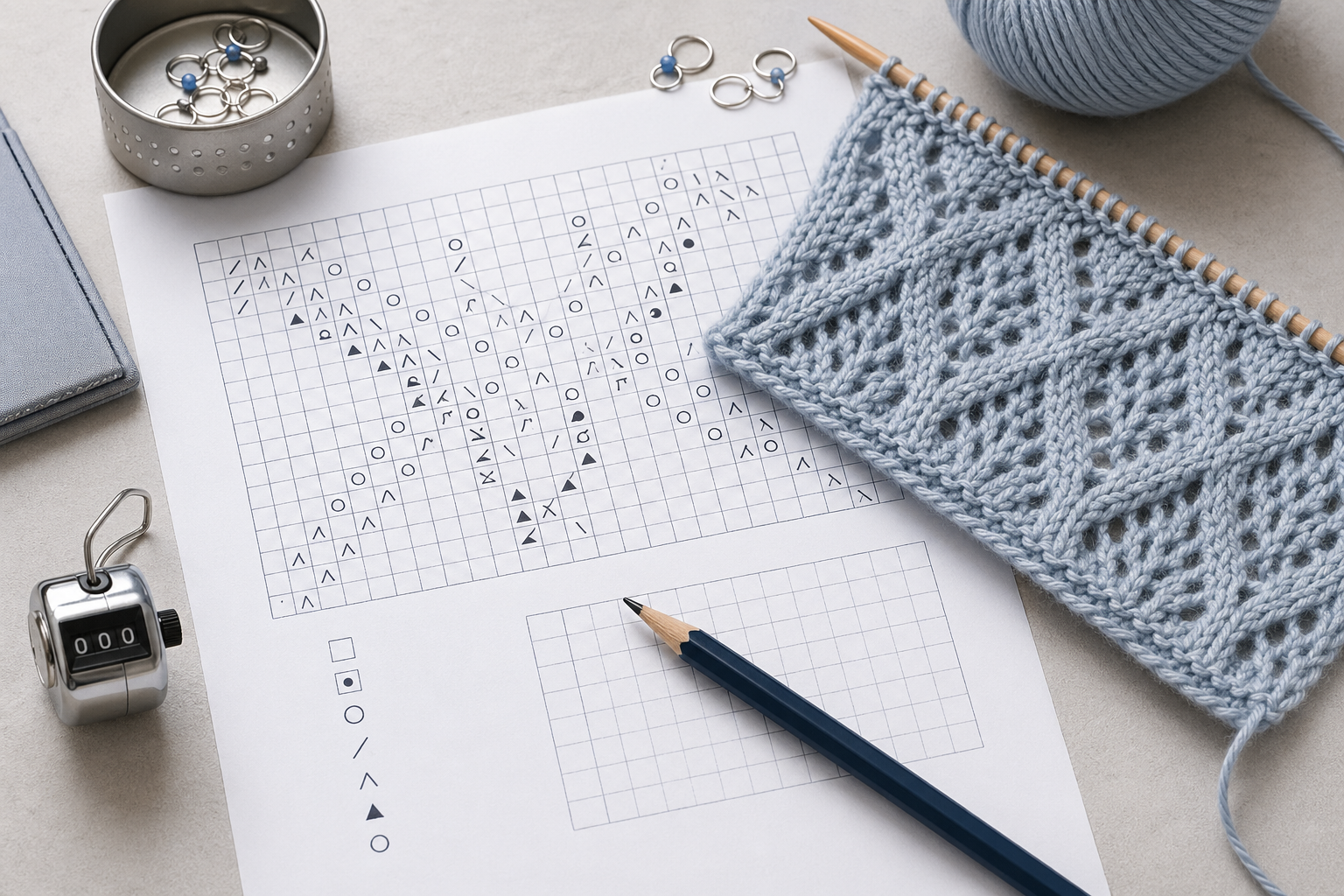 Strickschrift mit Symbolraster neben einer gestrickten Musterprobe