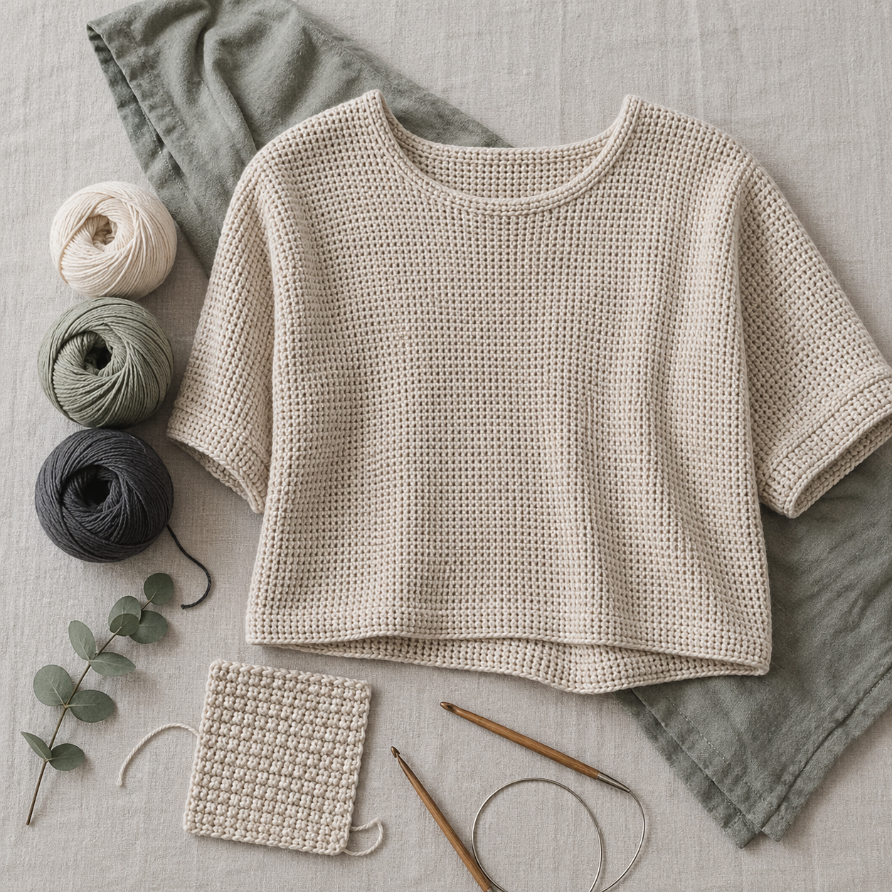Strukturiertes Oversize-Shirt aus hellem Garn mit passenden Garnknäueln und Werkzeugen