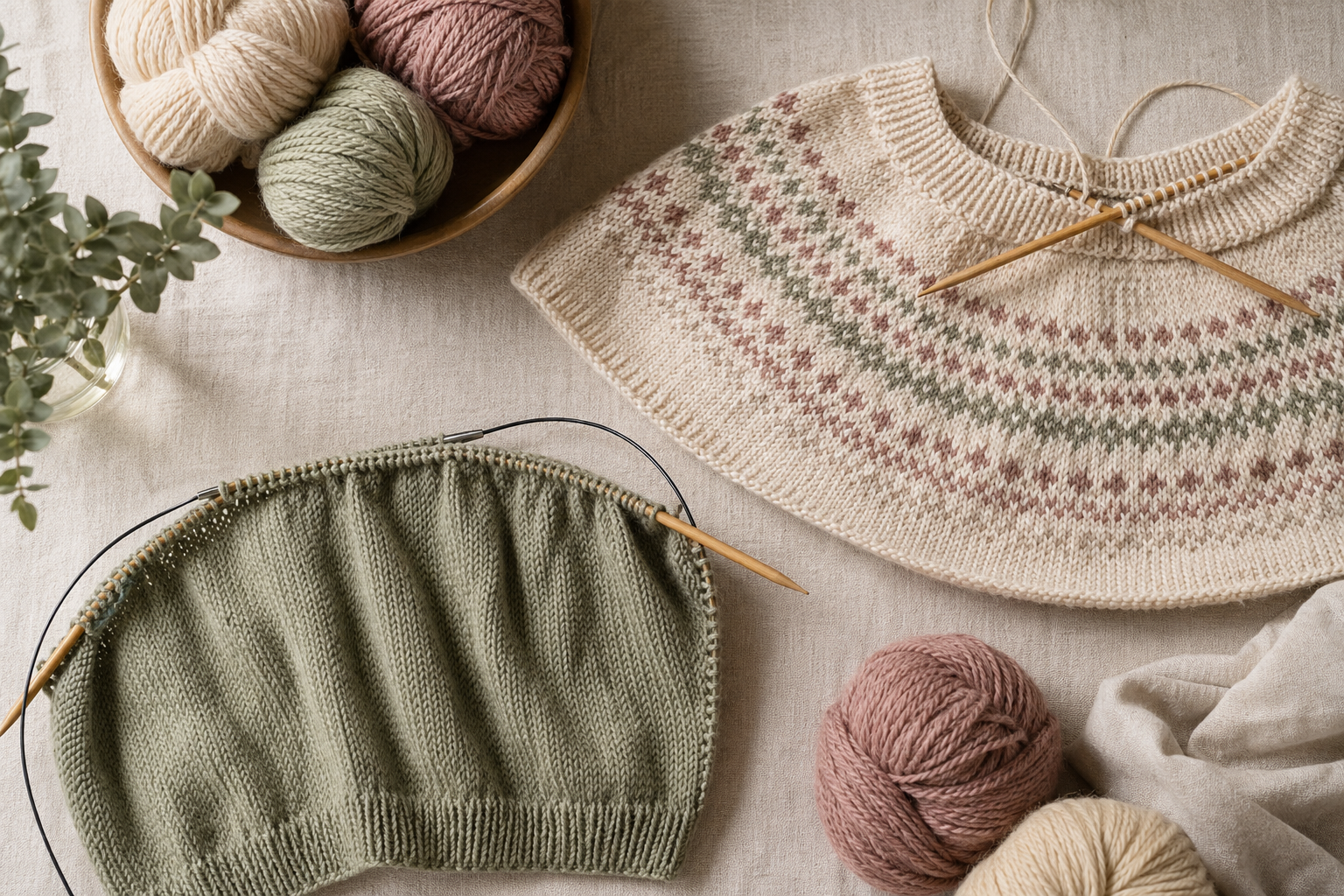 Zwei angefangene Strickstücke auf Rundstricknadeln als Vergleich von Top-down und Bottom-up Konstruktion