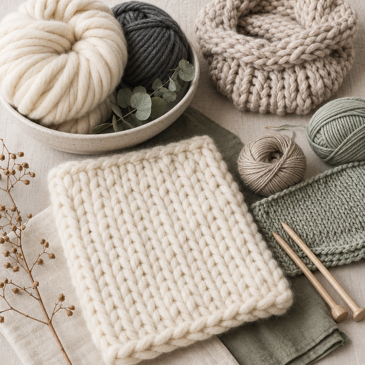 Bewusst eingesetztes Chunky-Garn mit grober Strickprobe und passenden feineren Garnen