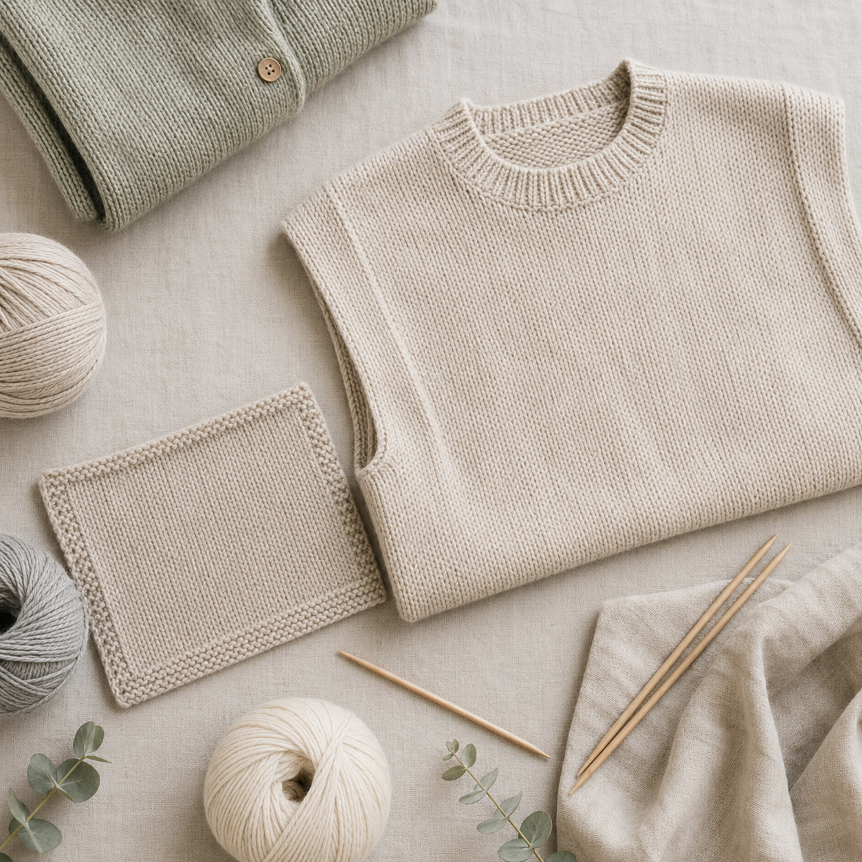 Minimalistische Strickstücke mit klaren Linien ruhigen Farben Garnen und Stricknadeln