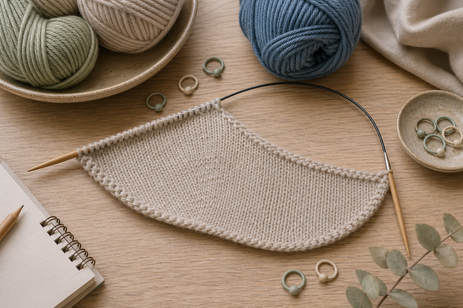 Gebogener Strickabschnitt auf Rundstricknadel als Beispiel für verkürzte Reihen
