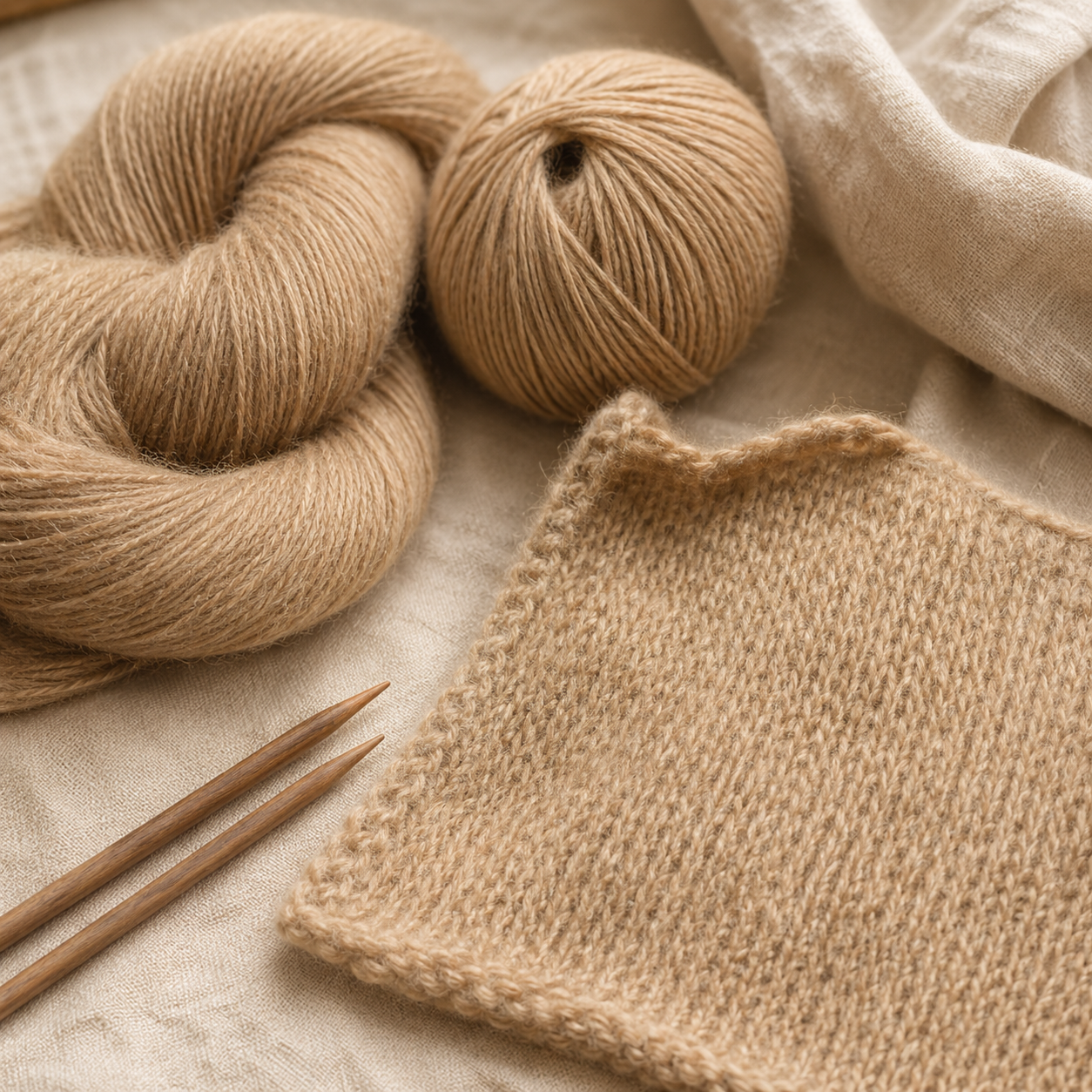 Feine Vicuña-inspirierte Luxusgarne und weiche Strickprobe in warmen Beigetönen