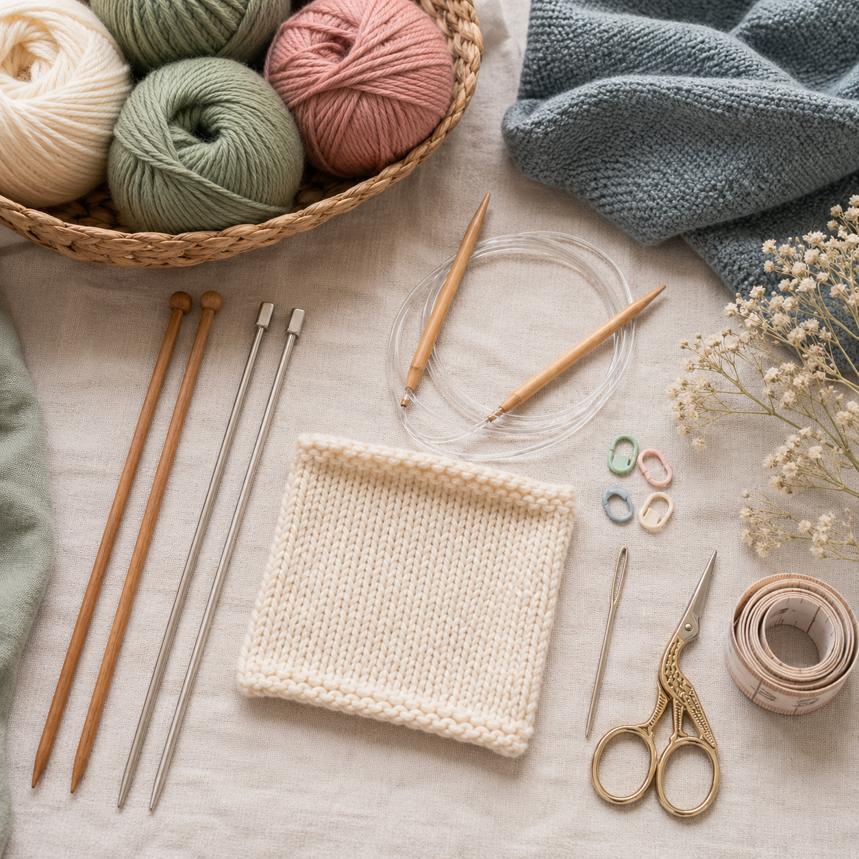 Grundausstattung zum Stricken mit Stricknadeln Rundstricknadel Garnen Maschenmarkierern und erster Maschenprobe