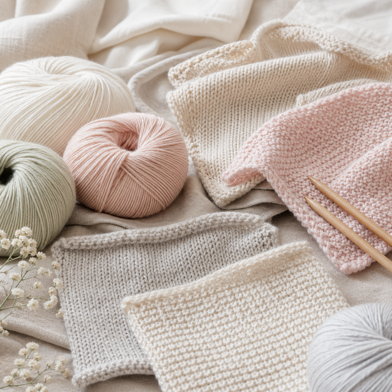 Besonders weiche hautfreundliche Garne mit sanften Strickproben in hellen Farben