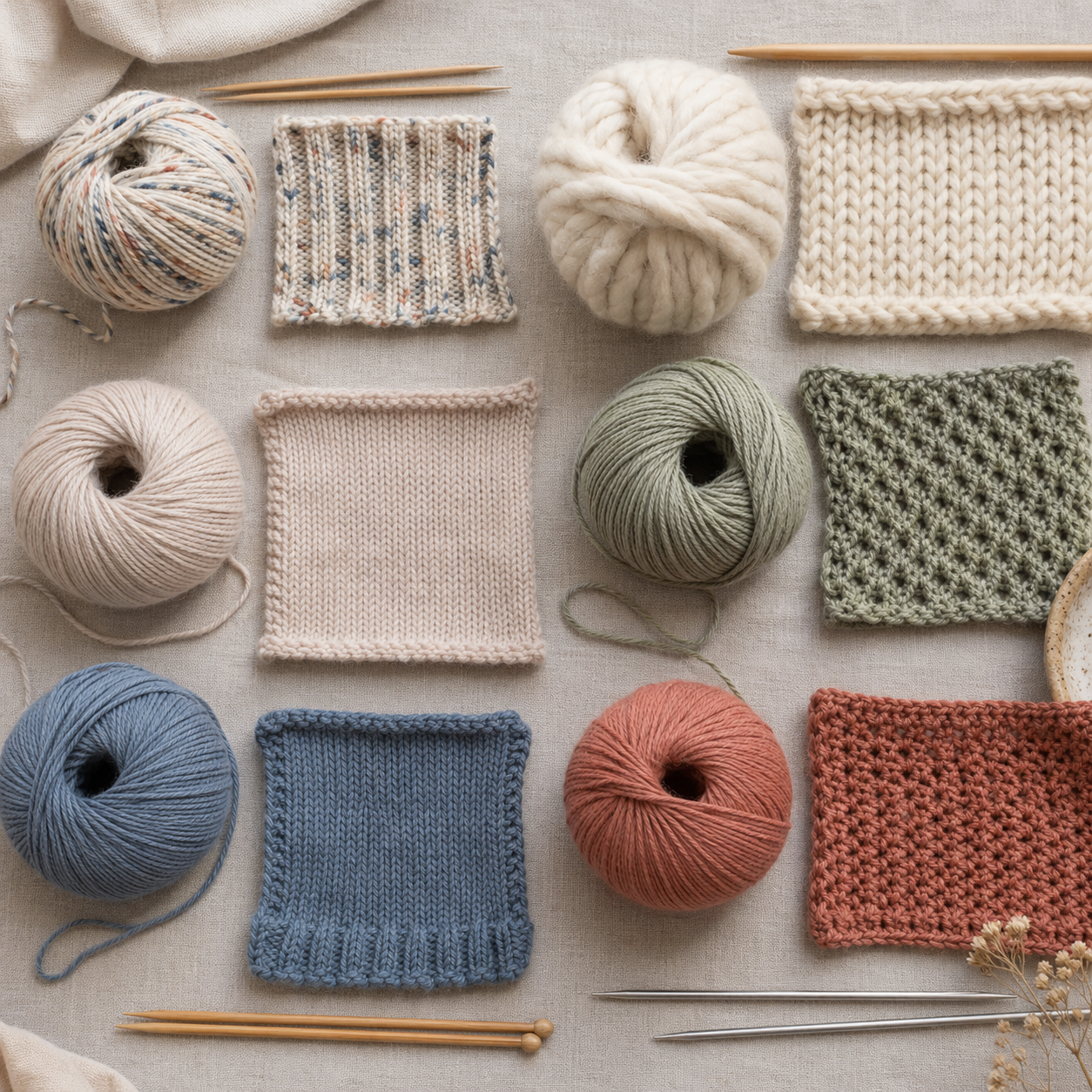 Verschiedene Wollarten und Garnstärken mit passenden Strickproben für unterschiedliche Projekte