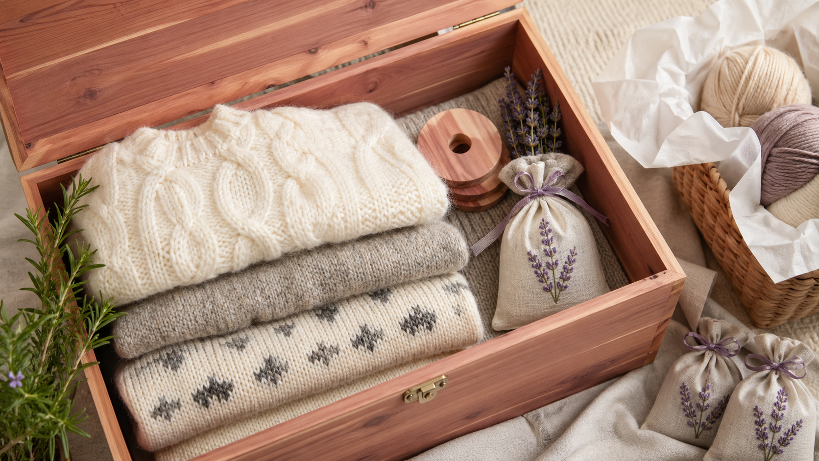 Gefaltete Wollpullover in Zedernholzkiste mit Lavendelsäckchen und Zedernringen