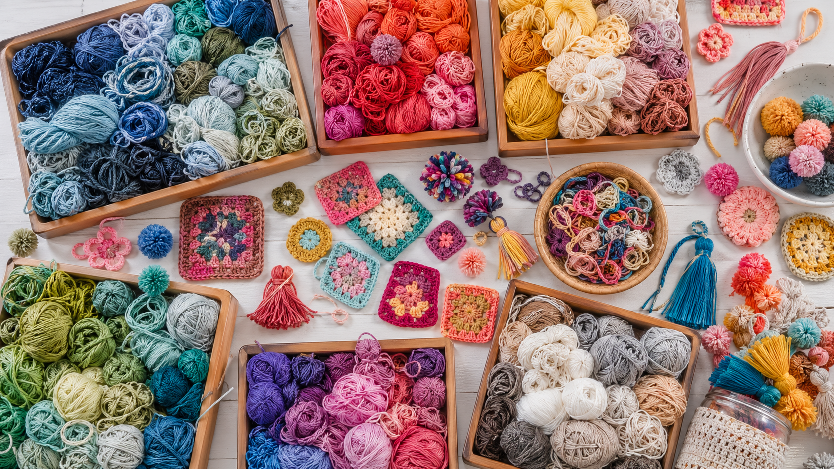 Bunte Wollreste in Holzschalen mit kleinen Häkelmotiven, Pompons und Quasten