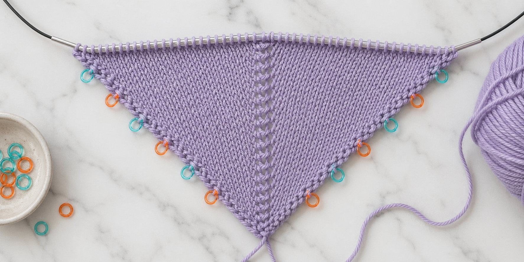 Dreieckige Strickprobe mit markierten Zunahmestellen auf Rundstricknadeln