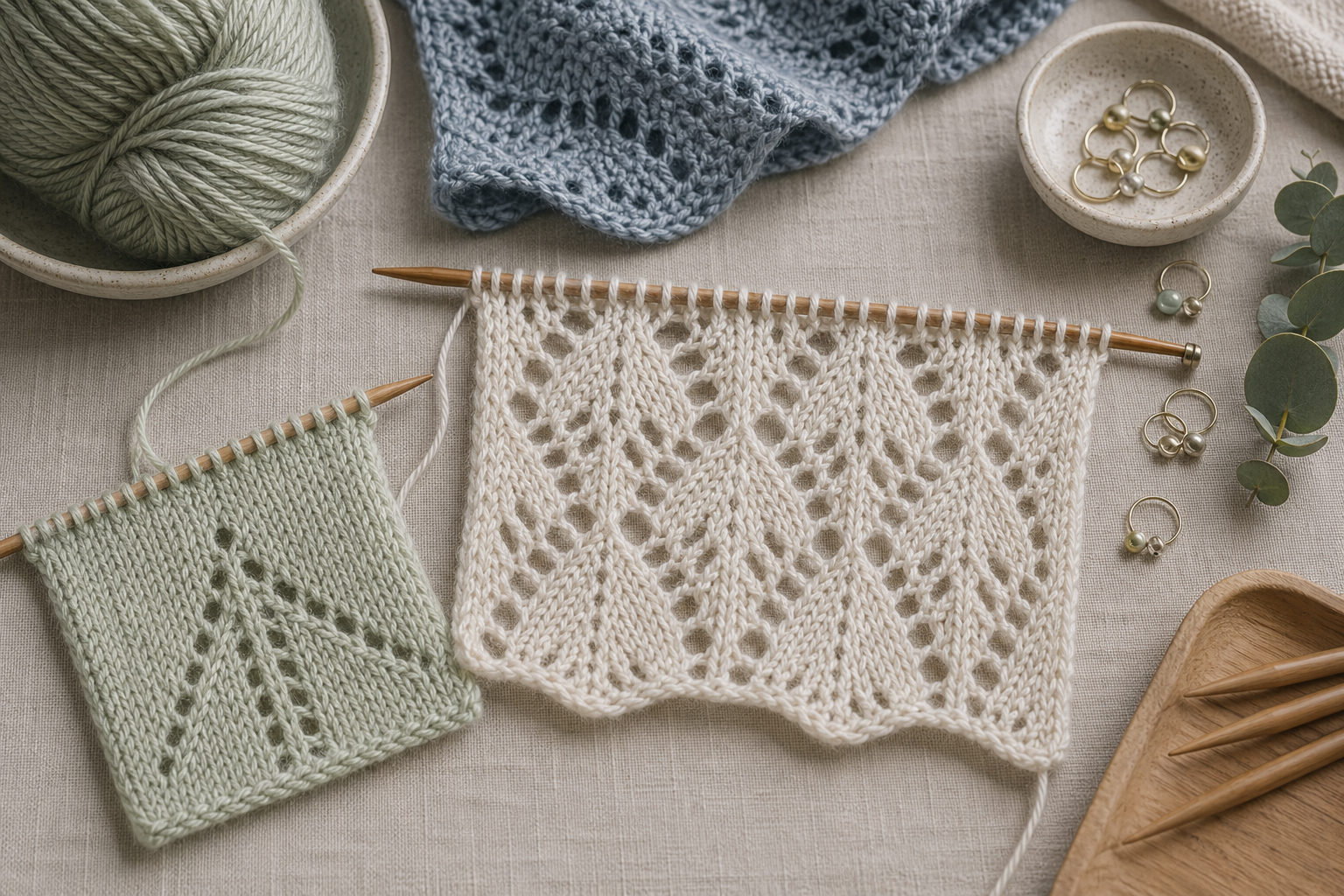 Zwei Strickproben mit einfachem Lochmuster und feiner Lace-Struktur auf Nadeln