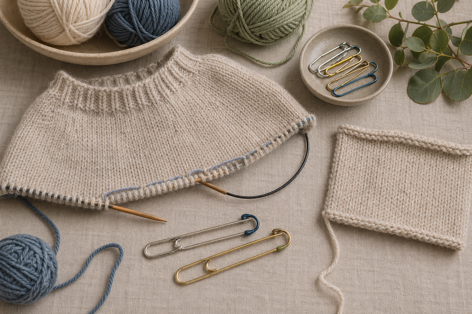 Gestricktes Pulloverteil mit stillgelegten Maschen auf Hilfsfaden und einer abgeketteten Maschenprobe