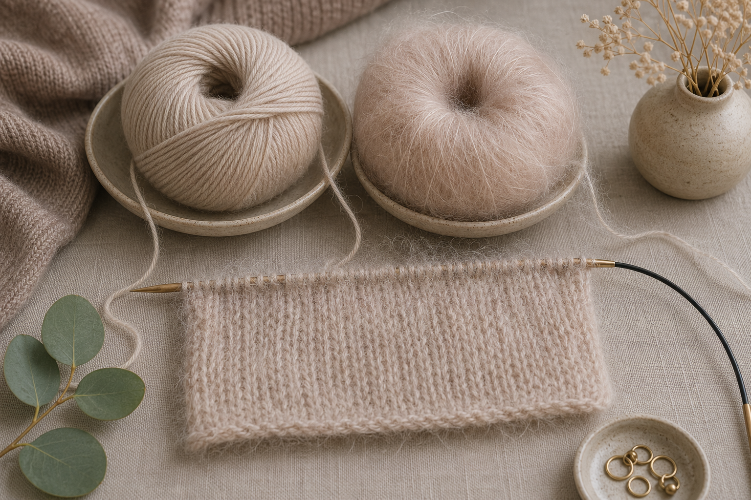 Feines Mohairgarn neben Hauptgarn und einer Strickprobe mit weichem Flausch
