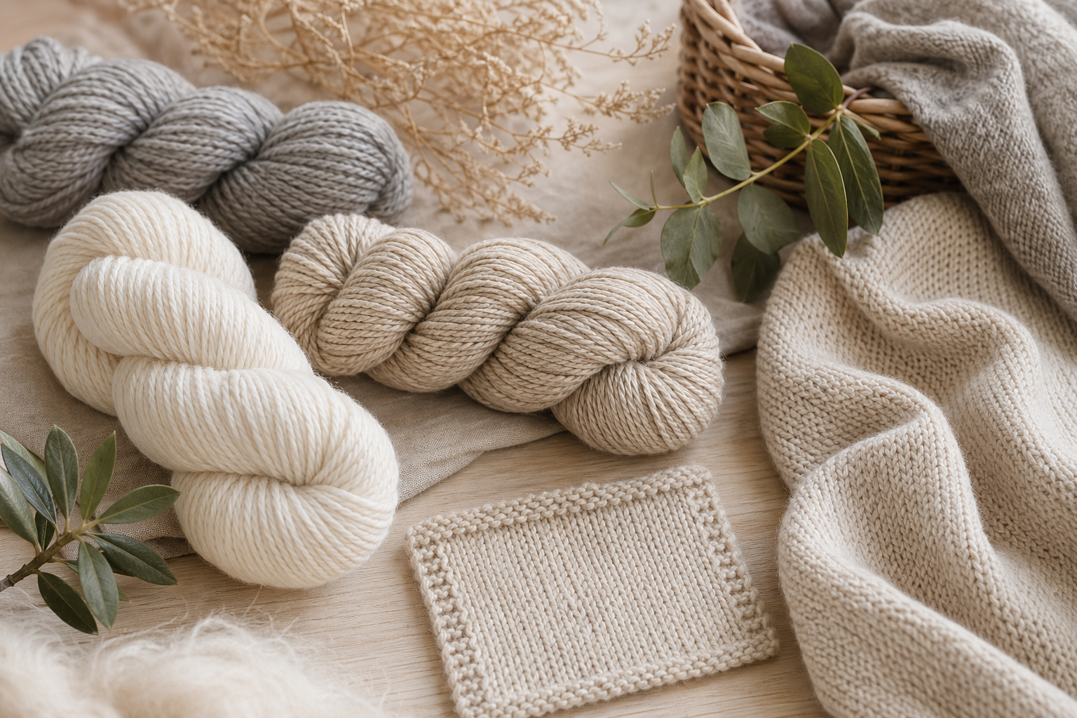 Merinogarne und Strickprobe in Naturtönen als Symbol für bewussten Wollkauf