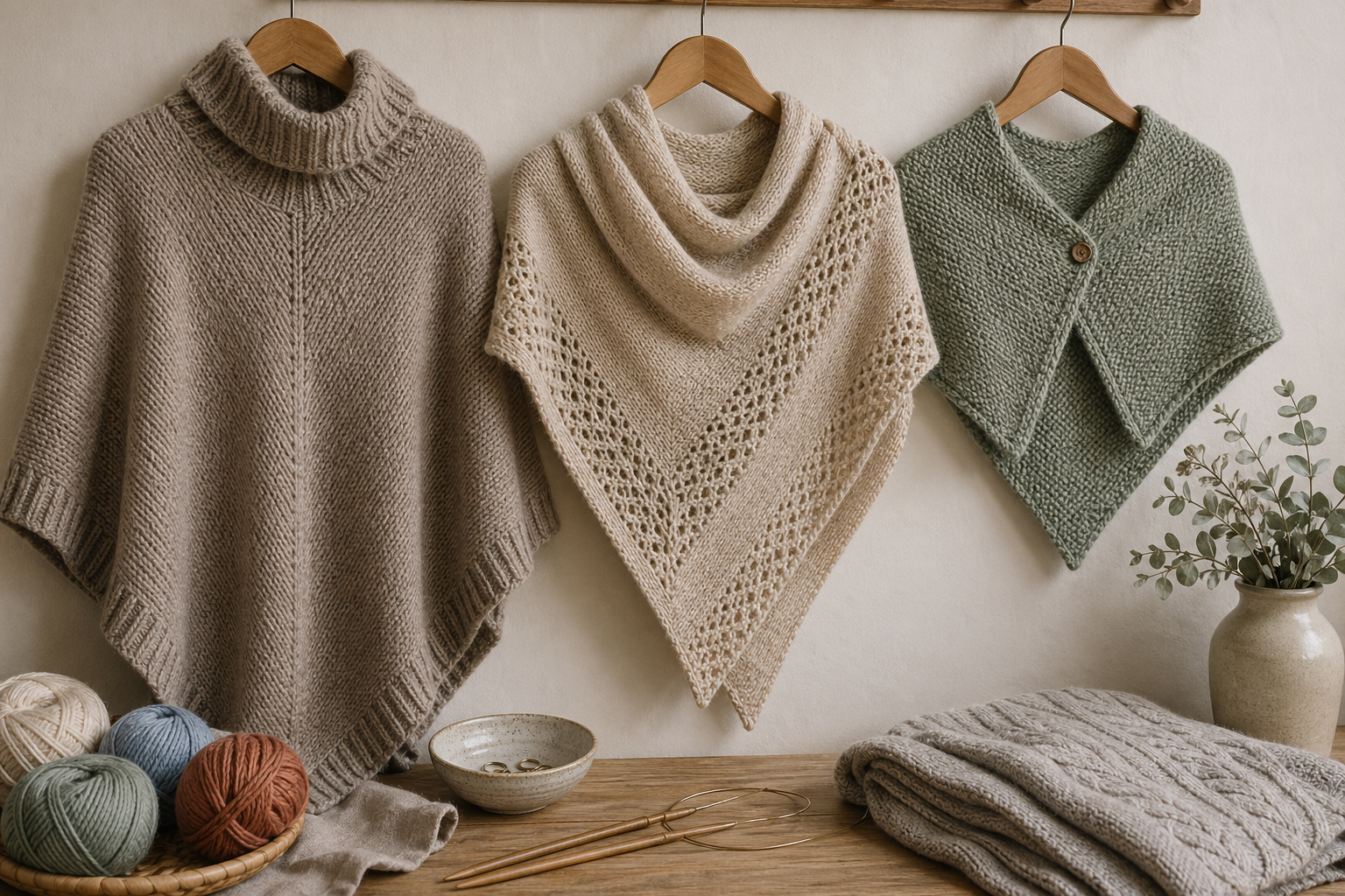 Poncho, Dreieckstuch und kleines Schultertuch als gestrickte Layering-Optionen nebeneinander