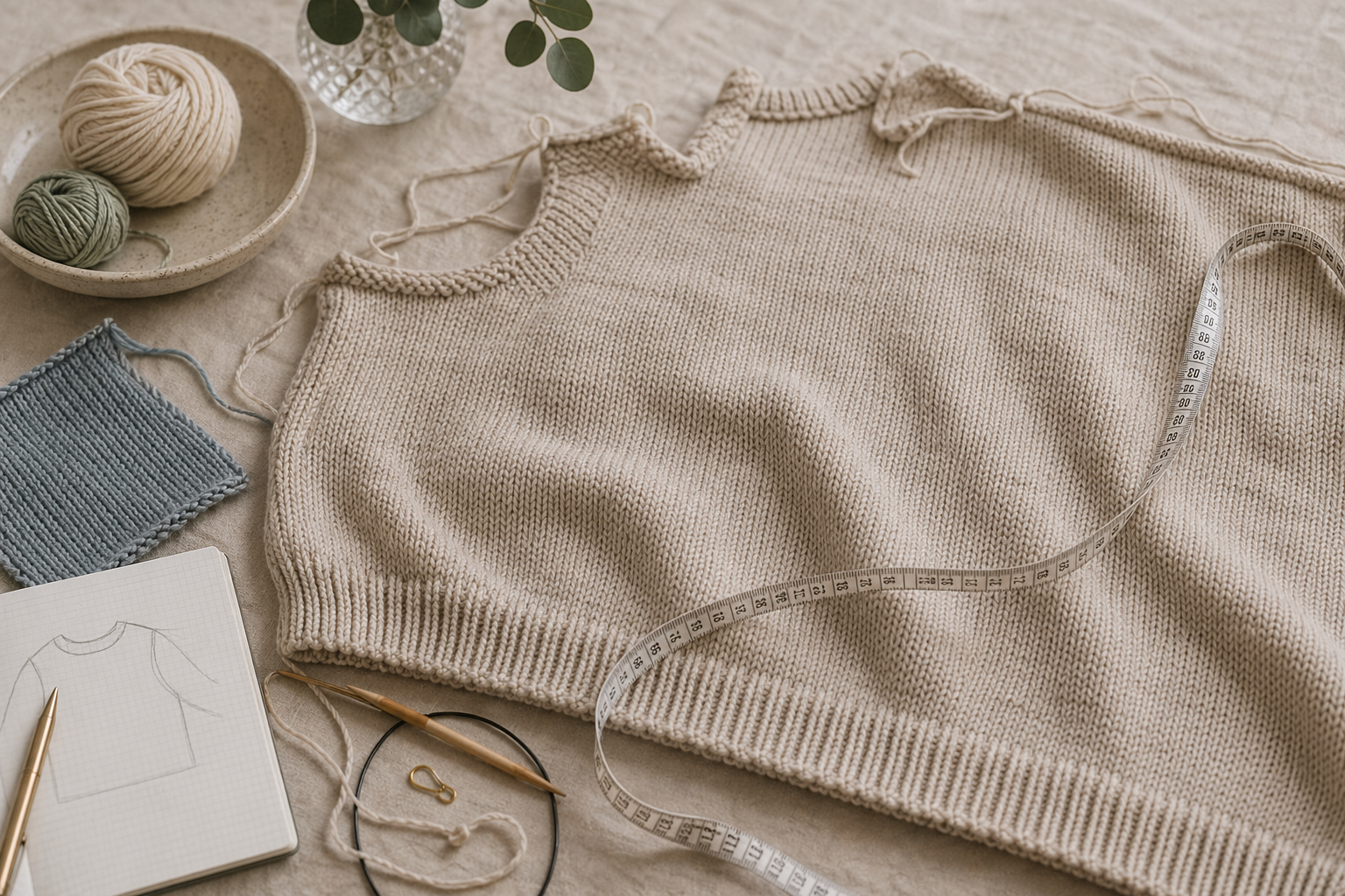 Zu breites Strickteil mit Maßband, Garnprobe und Rundstricknadel auf hellem Stoff