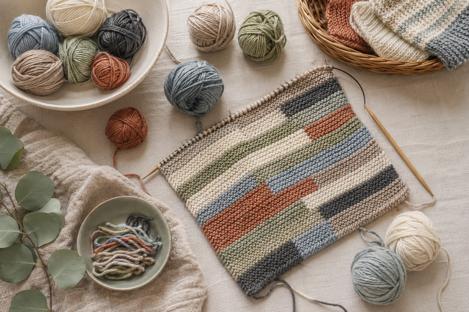Mehrere kleine Restknäuel und ein harmonisch gestreiftes Strickprojekt in Arbeit