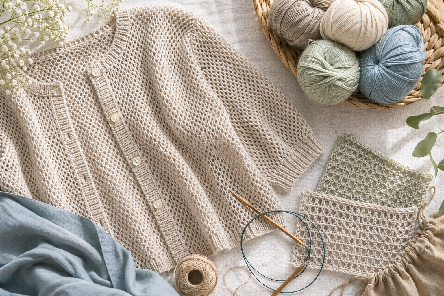 Leichter gestrickter Sommer-Cardigan mit luftigen Maschenproben und Sommergarnen