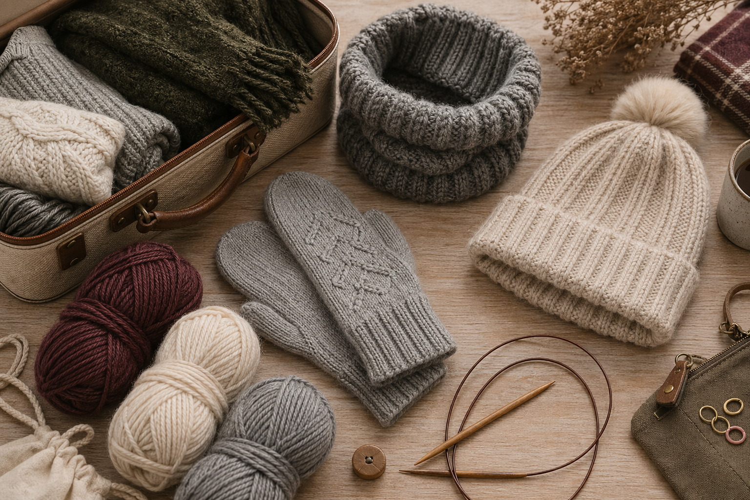Warme gestrickte Mütze, Cowl und Fäustlinge neben Garnen und kleinem Reisegepäck