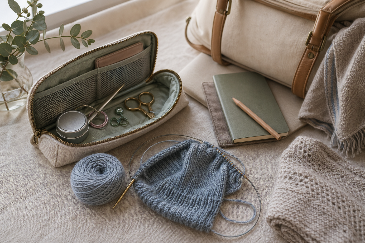 Kompaktes Reise-Strickprojekt mit Projekttasche, kleinem Knäuel und Rundstricknadel