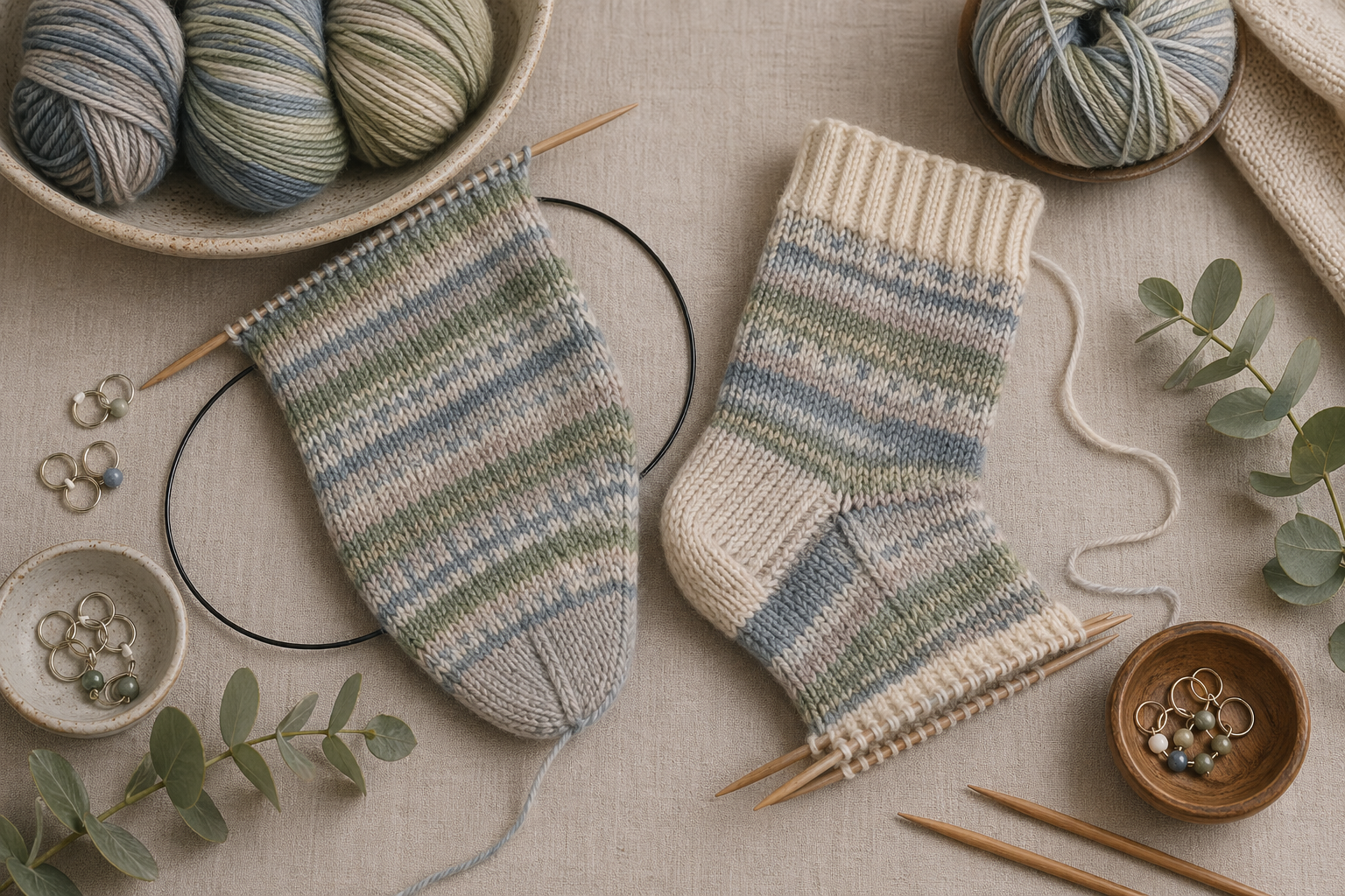 Zwei angefangene Socken als Vergleich zwischen Toe-up- und Cuff-down-Konstruktion
