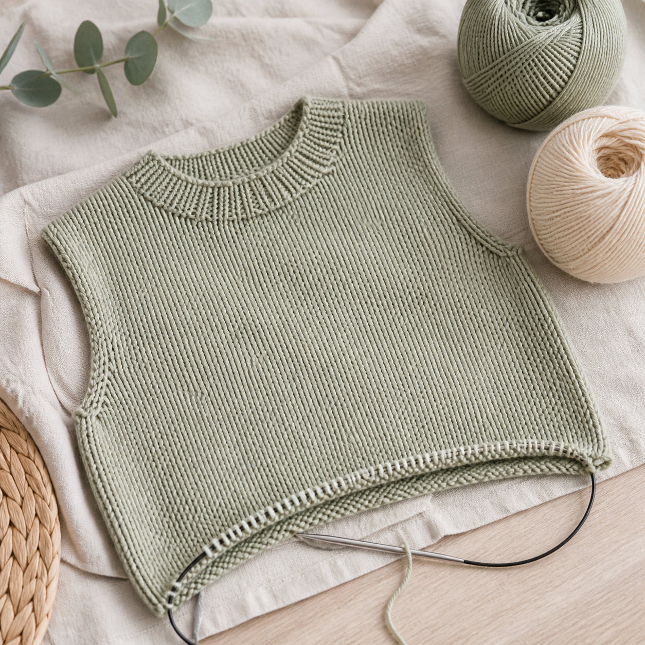 Ärmelloses gestricktes Top in Arbeit, Baumwollgarn, Rundstricknadel und helle Sommerfarben