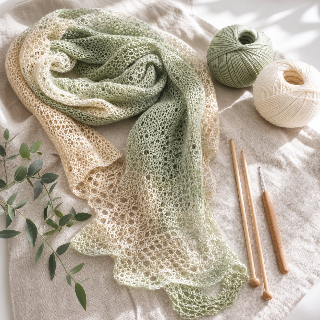 Luftiger Sommerschal aus hellem Garn, Stricknadeln, Häkelnadel und Leinenstoff in Naturtönen