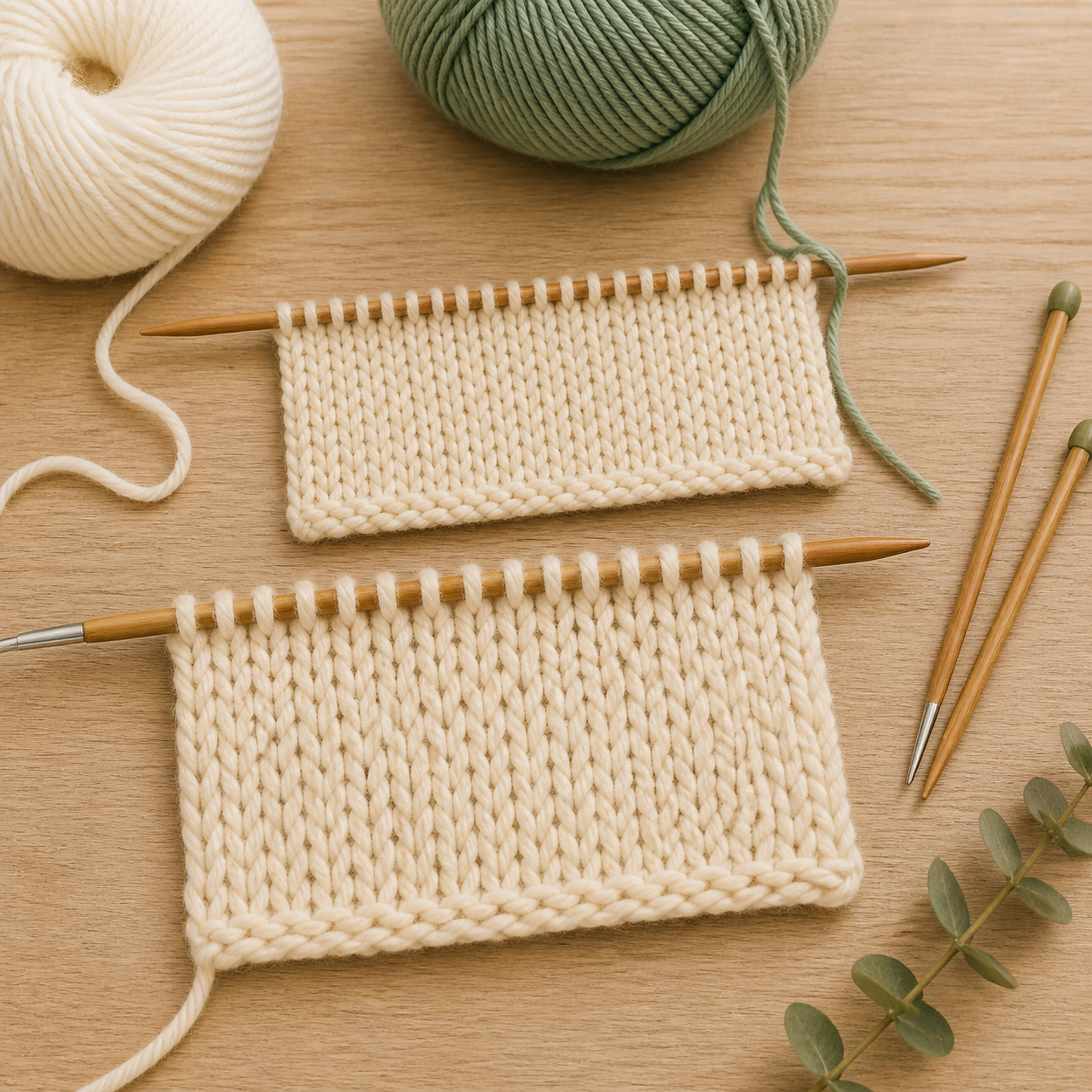 Zwei Strickproben mit unterschiedlicher Lockerheit, Nadeln in zwei Stärken und Garnknäuel