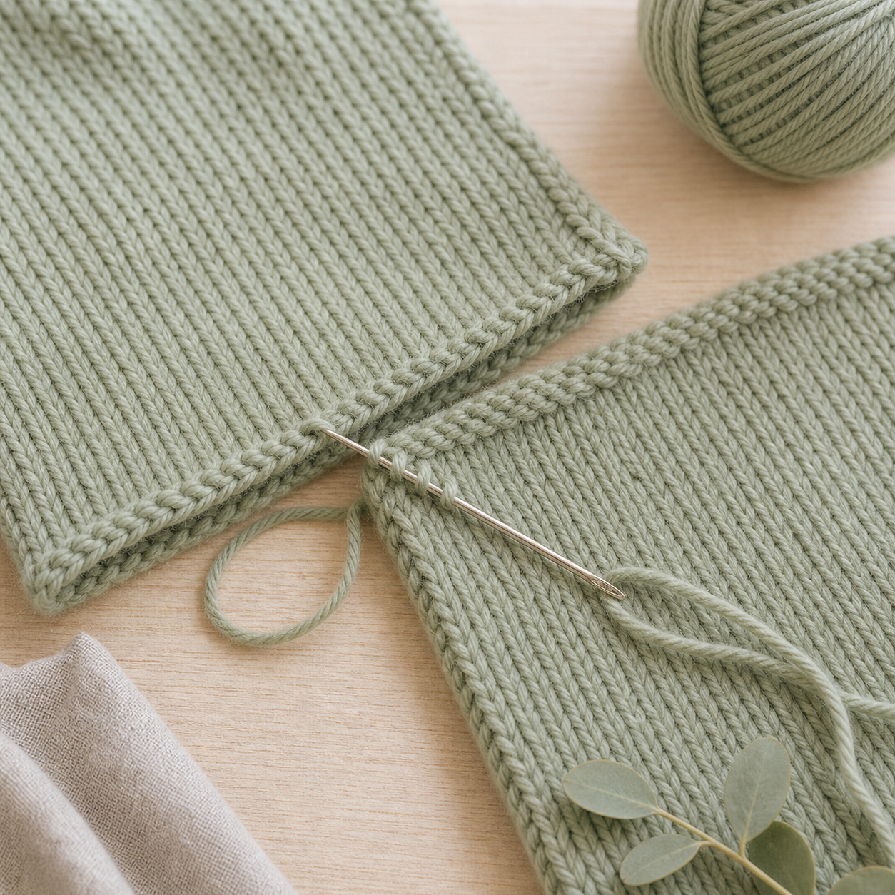 Zwei gestrickte Teile, die mit Matratzenstich verbunden werden, Wollnadel, Garnende und ruhiger Holztisch