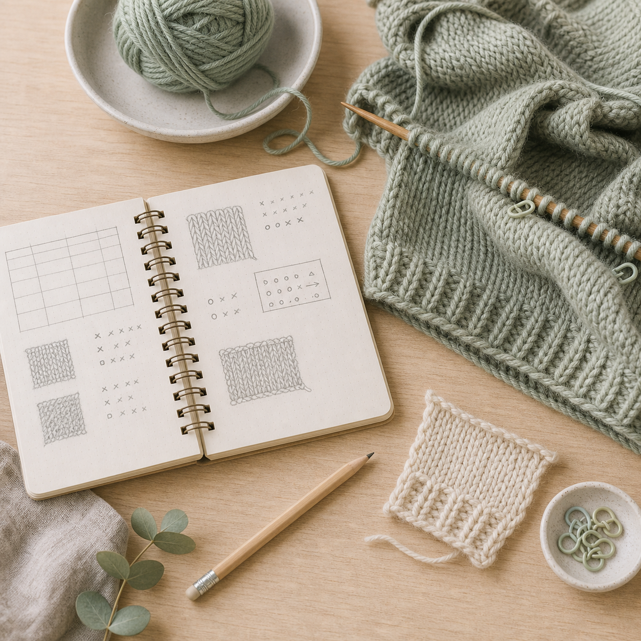 Notizbuch neben Strickprojekt, Garn, Bleistift und kleine Maschenprobe auf hellem Holz
