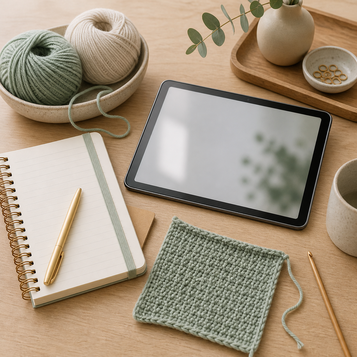 Tablet ohne lesbaren Inhalt, Notizbuch, Garnknäuel und Maschenprobe auf hellem Holztisch