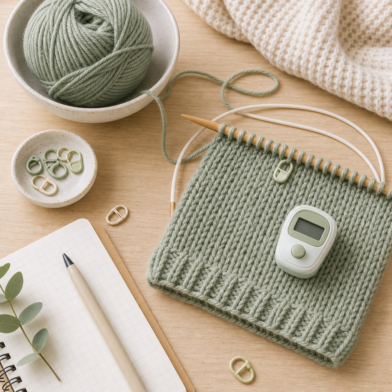 Strickprojekt mit Reihenzähler, Maschenmarkierern, Notizbuch und Garn auf hellem Tisch
