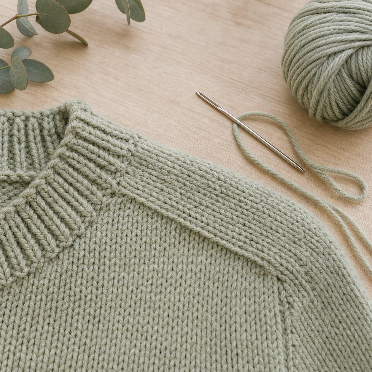 Detail einer gestrickten Schulterpartie mit sauberer Naht, Wollnadel und neutralem Garn