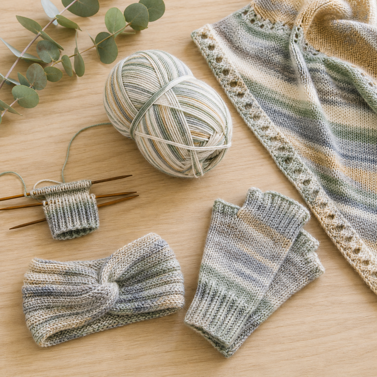 Sockengarnknäuel, kleines Tuchstück, Stricknadeln und Accessoire-Proben auf hellem Tisch