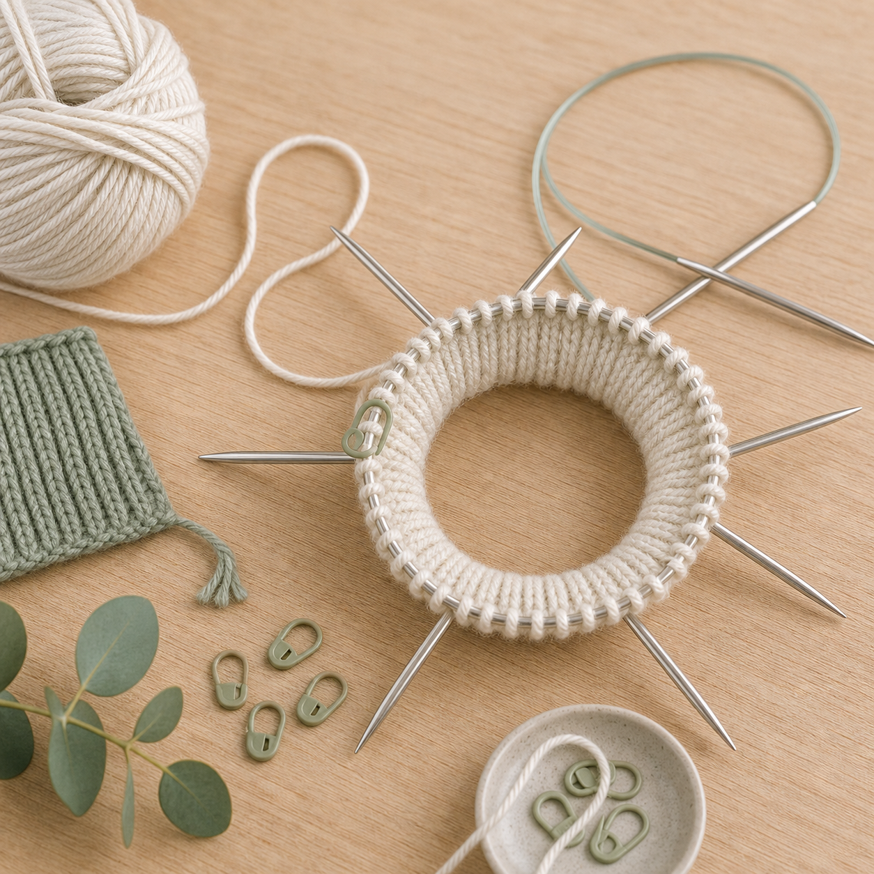 Kleines rund gestricktes Stück auf Nadelspiel und Magic-Loop-Seil, Garn und Maschenmarkierer