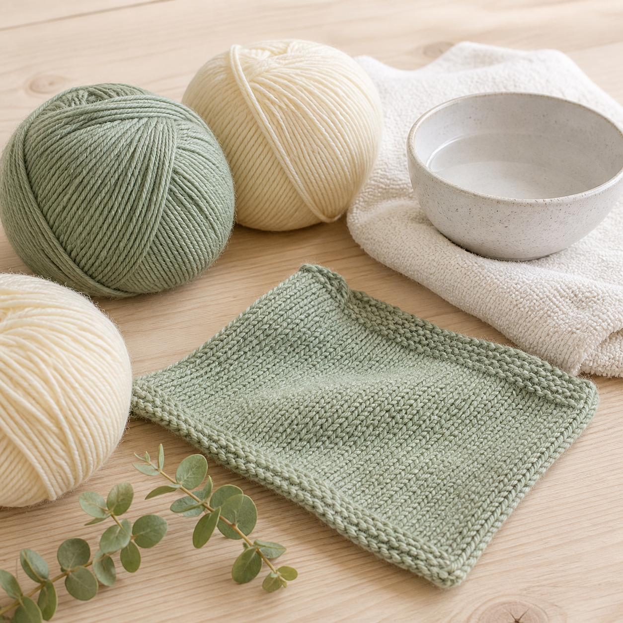 Superwash-Wollgarn ohne Etikett, gewaschene Maschenprobe, kleine Schale und Handtuch auf hellem Holz