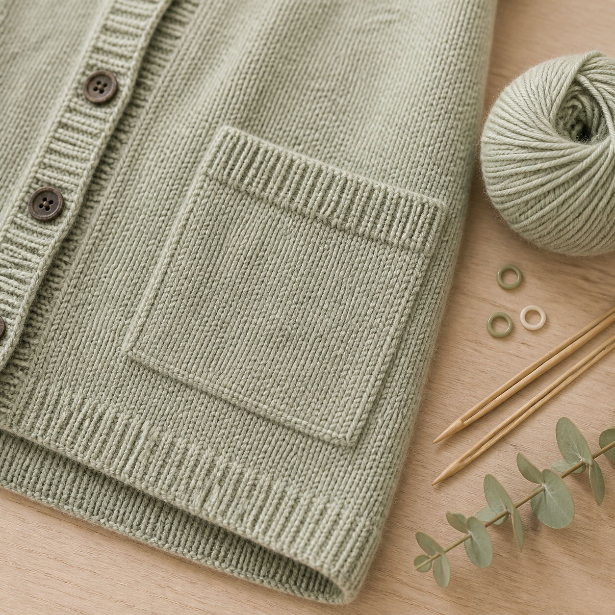 Gestrickte Cardigan-Tasche, Garn, Nadeln und Maschenmarkierer auf hellem Holz